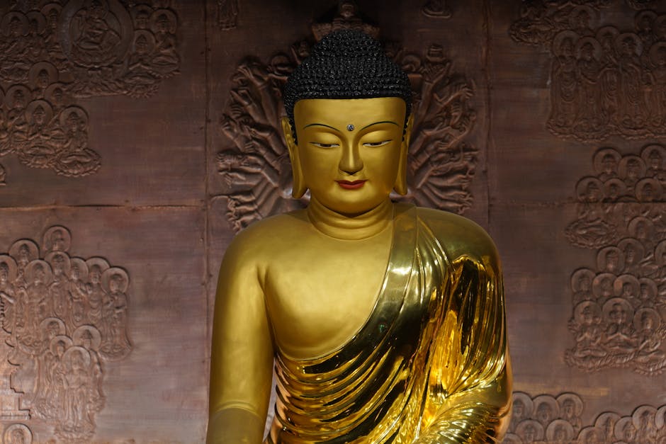 Golden Buddha statue inside a Seoul temple with Korean ritual offerings