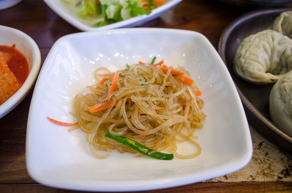 Japchae Korean sweet potato glass noodles with vegetables and beef