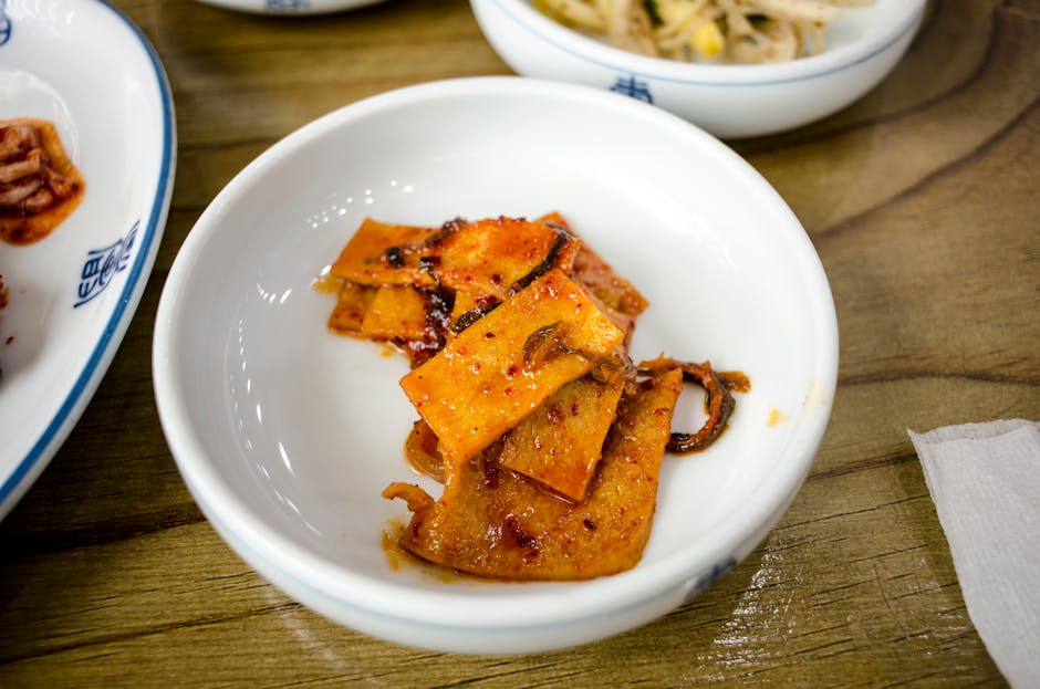 Korean banchan side dishes spread across a dining table