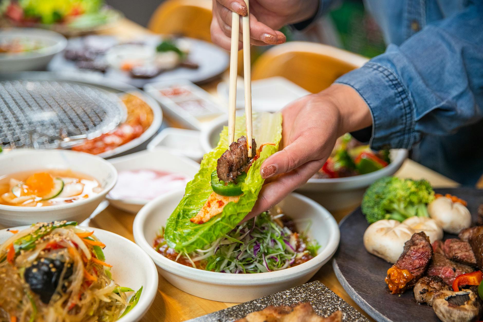 Korean BBQ lettuce wrap with grilled pork ssamjang and garlic