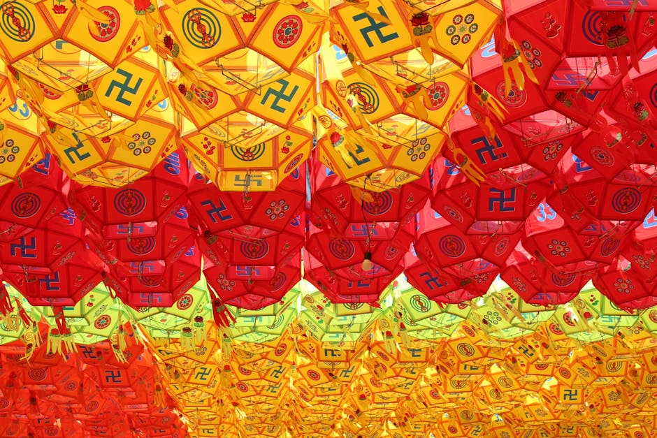Colorful lotus lanterns hanging at a Korean Buddhist temple during Buddha's Birthday