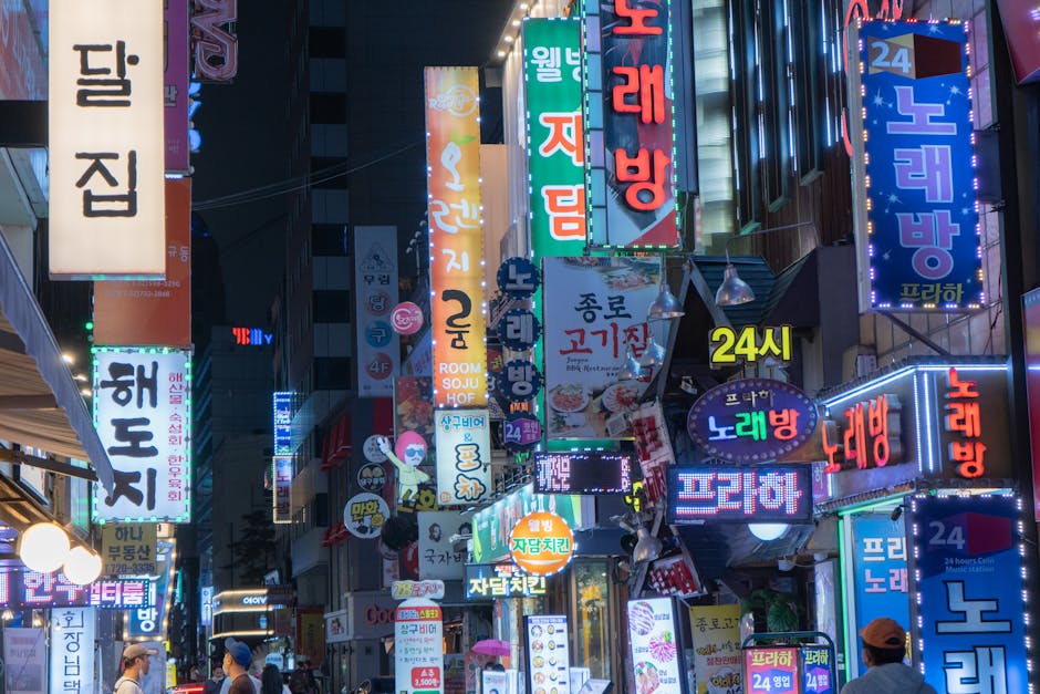 Myeongdong shopping street at night near Seoul hotels