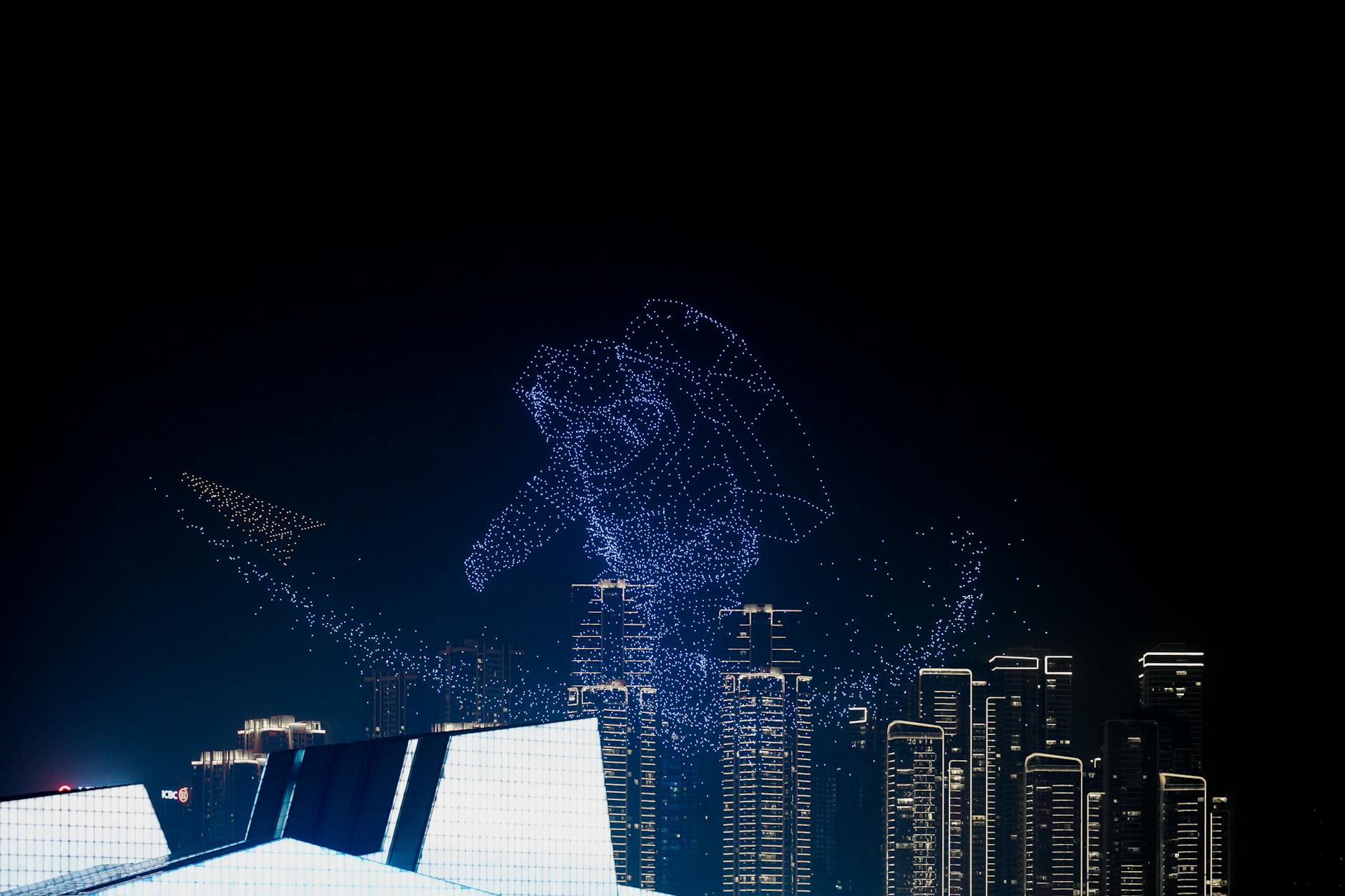 Drone light show illuminating the night sky at a Seoul festival