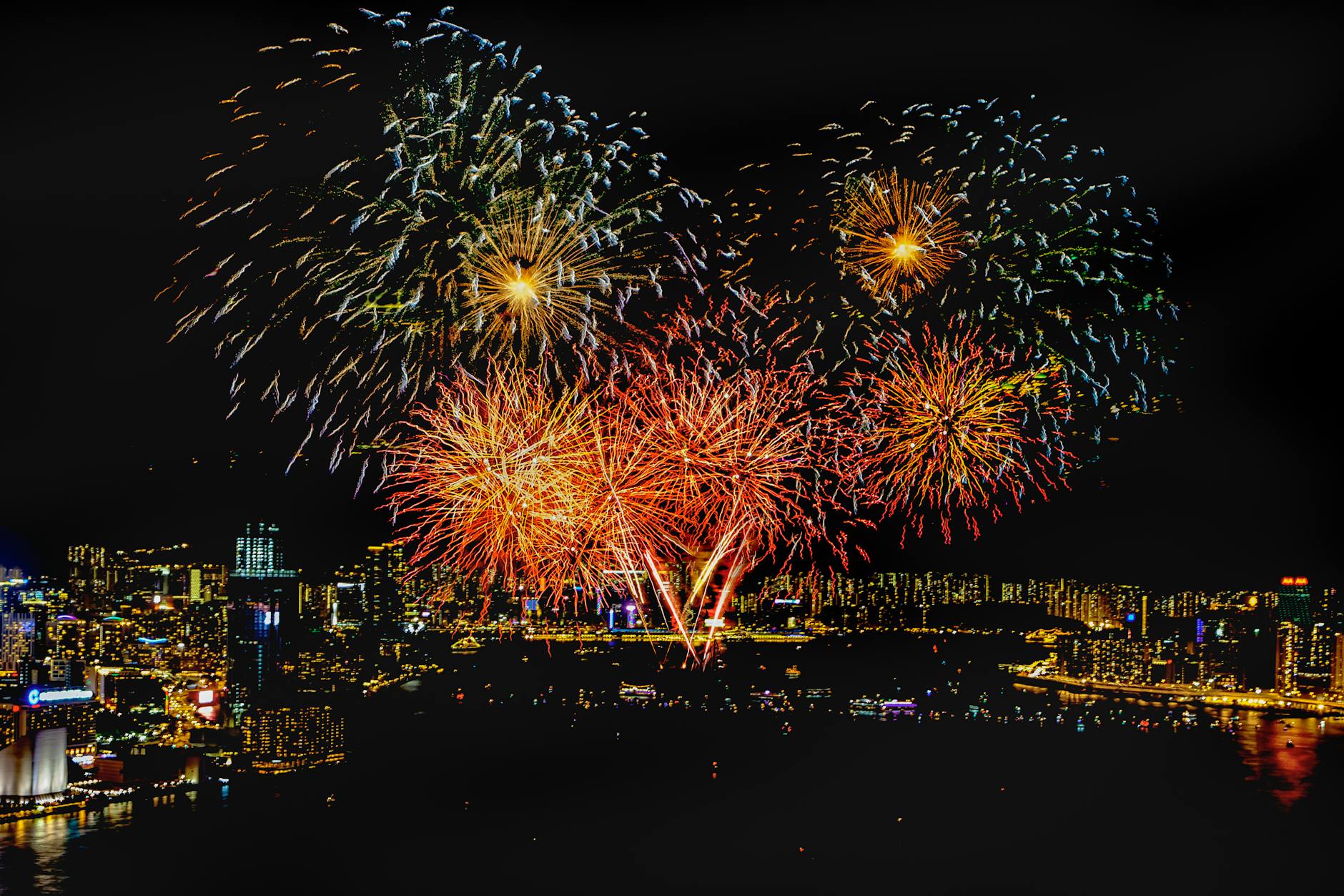 Spectacular fireworks display over a city skyline like Seoul's Han River festival