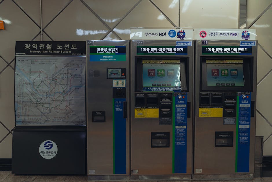 Ticket vending machines and route map at a Seoul Metro station