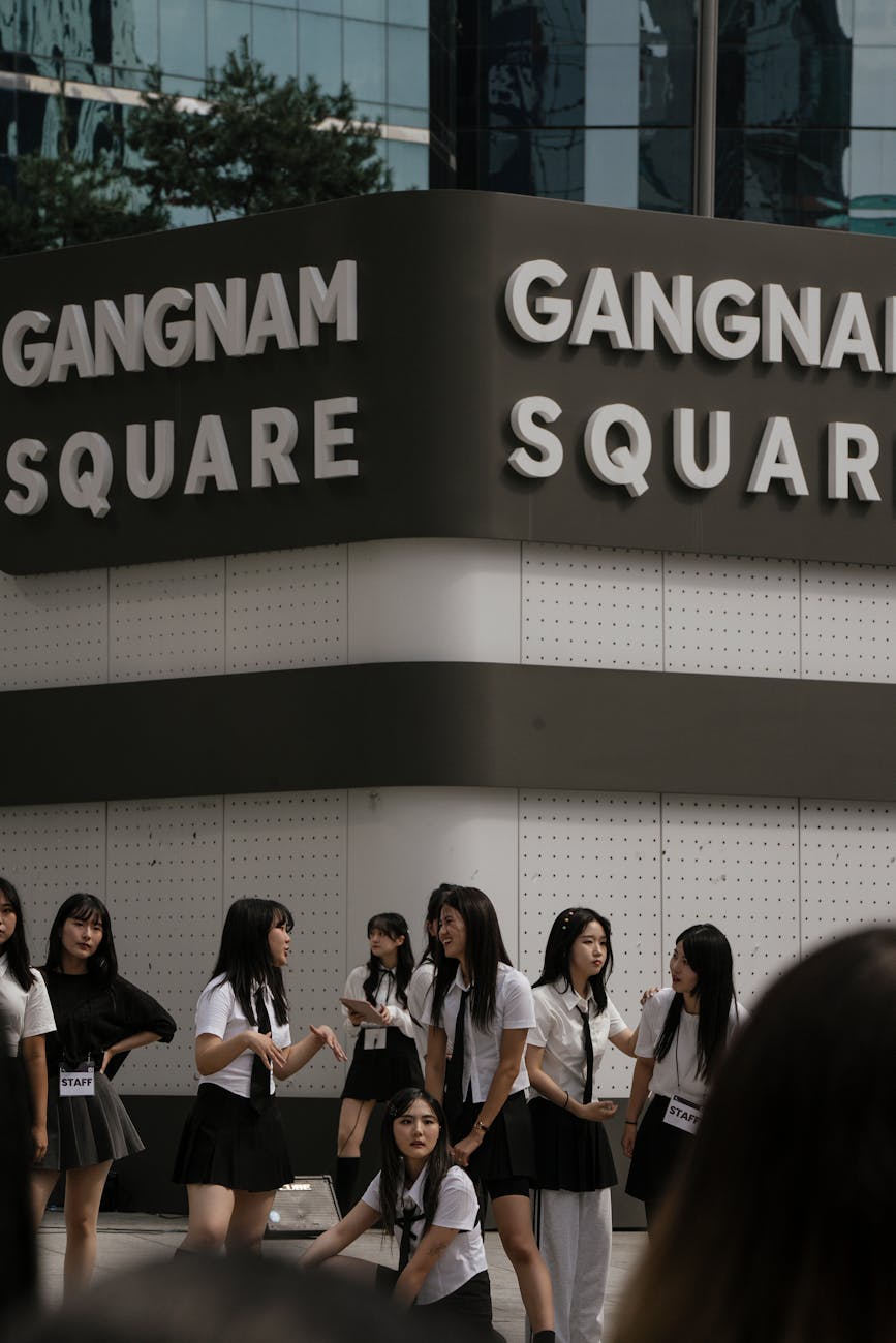Fashionable street in Gangnam district Seoul with boutiques and shoppers