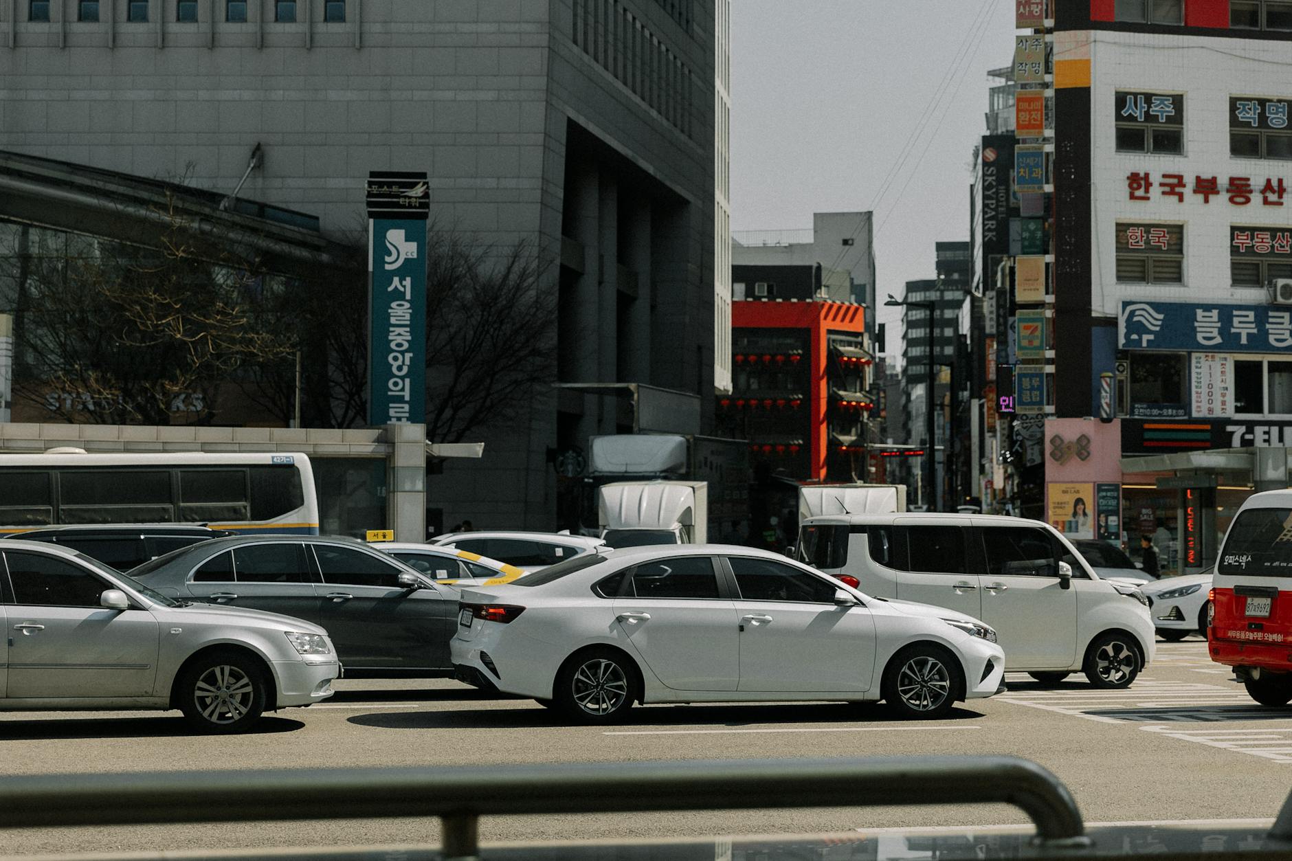 Seoul taxi on a busy street where the Kakao T app provides safe reliable rides