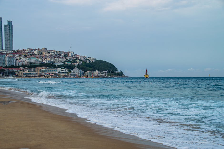 Korean beach with sea and summer crowds