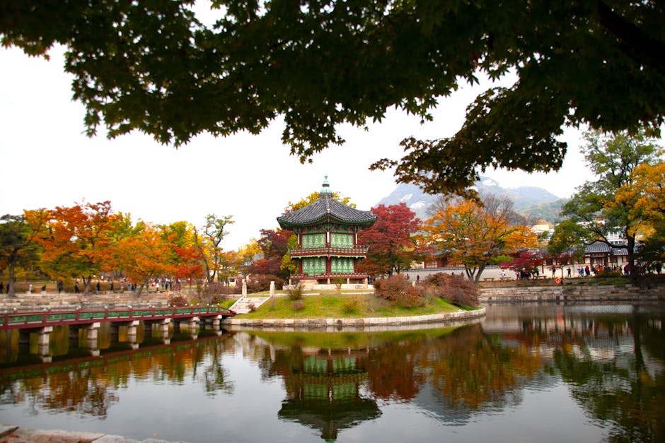 Reflection of Hyangwonjeong Pavilion surrounded by autumn colors at Gyeongbokgung