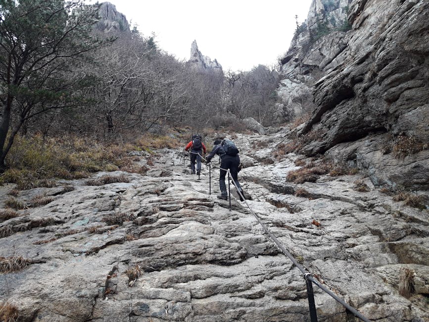 Hikers climbing rocky trail in Korean national park