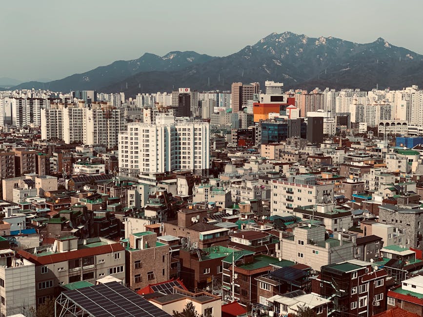 Aerial Seoul cityscape with Bukhansan mountains showcasing urban density