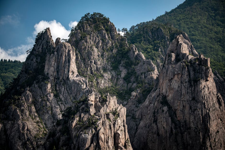 Steep, jagged granite pinnacles with pine trees clinging to the rock under a blue sky with white cloud