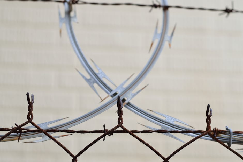 Detailed view of rusted barbed wire fence security at the DMZ