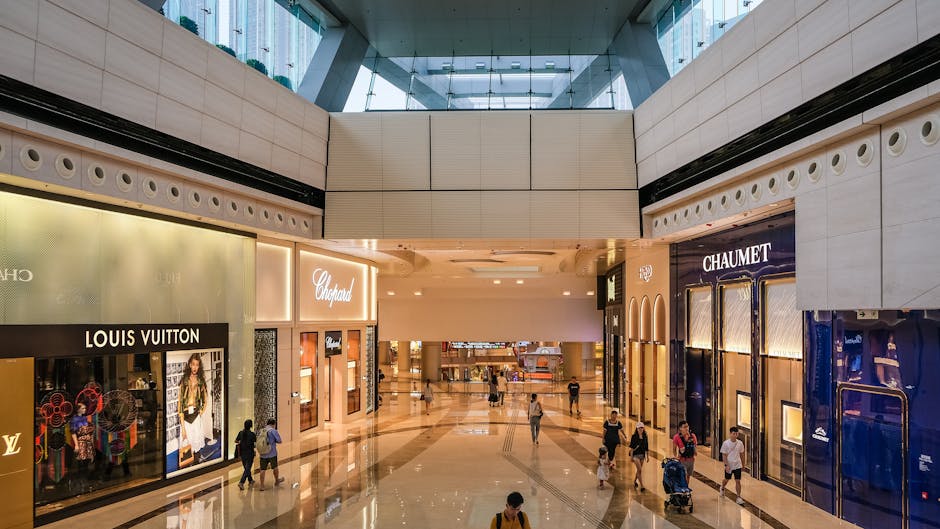 Modern architecture of a luxury shopping mall similar to Seoul's duty-free zones