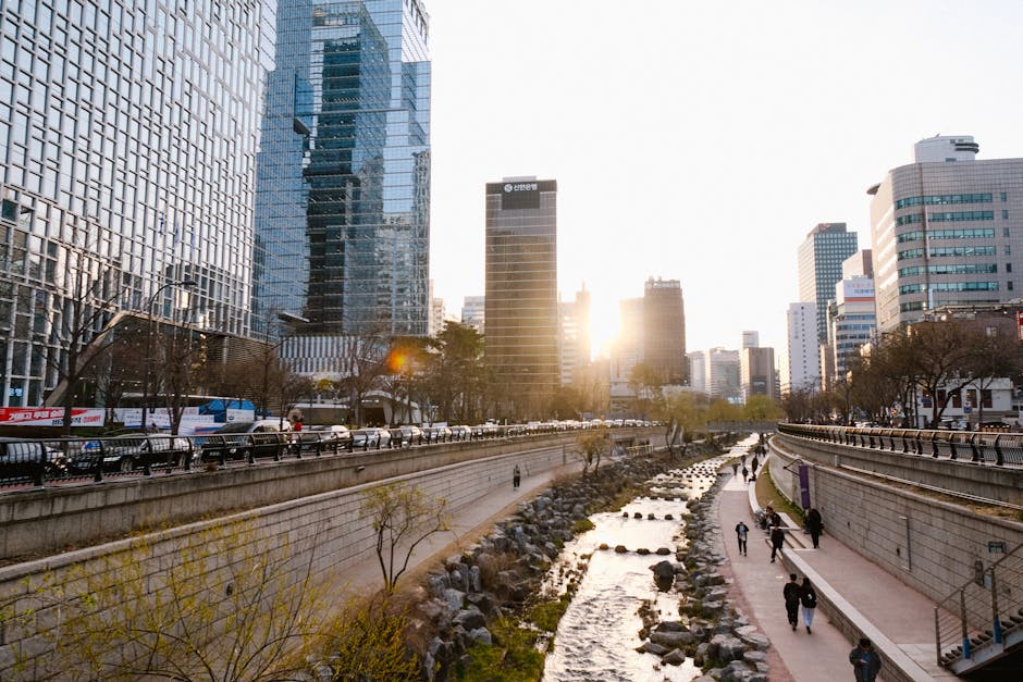 Sunset illuminating Cheonggyecheon Stream surrounded by Jongno modern skyscrapers