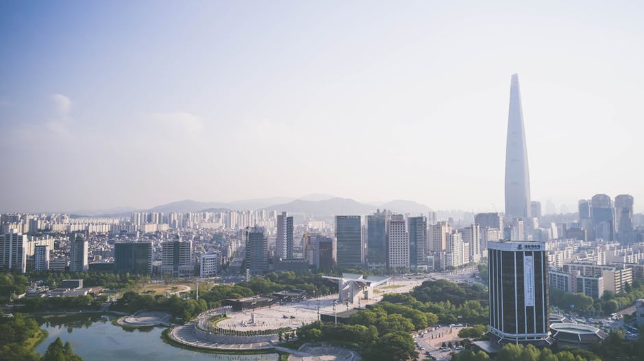 Aerial view of Seoul Lotte World Tower and Olympic Park K-pop filming area
