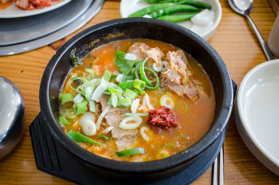 Close-up of Korean haejangguk hangover soup garnished with fresh scallions
