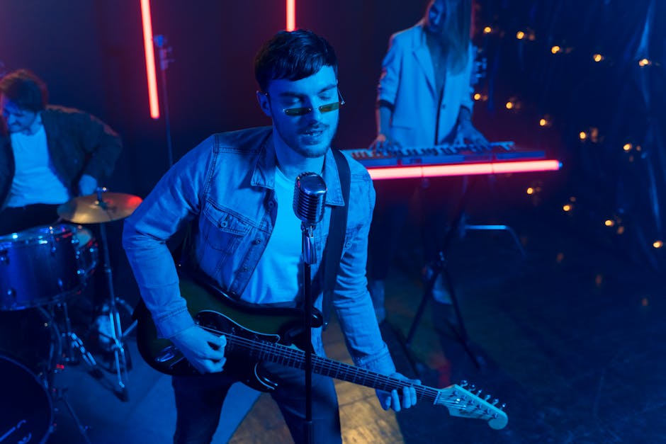 Energetic Seoul indie band performing live with vibrant lighting at indoor venue