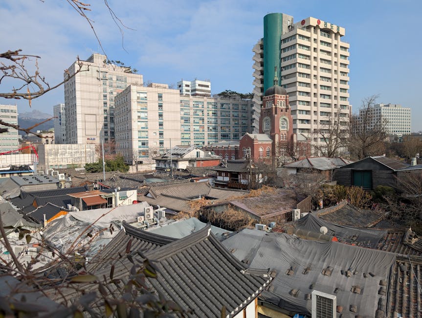 Seoul snow rooftop city view Korea winter aerial