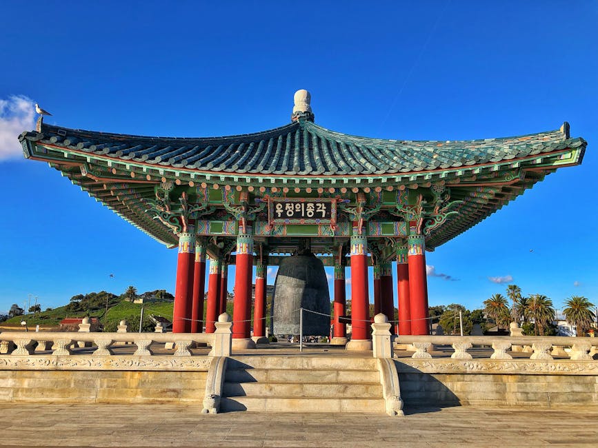 Traditional Korean temple bell pavilion templestay morning ceremony