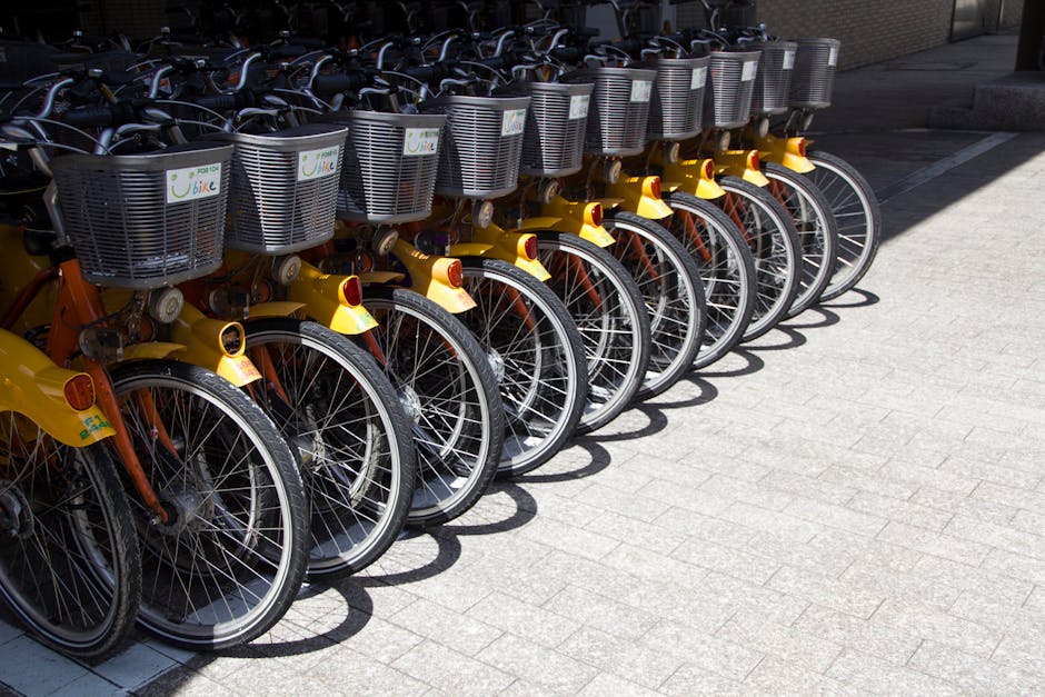 Row of bicycles at urban Seoul transport hub near underground mall