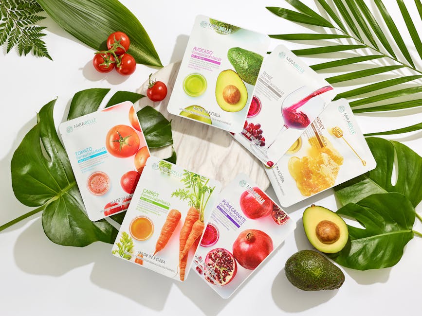 Vibrant flat lay of Korean face masks with fresh ingredients K-beauty souvenir