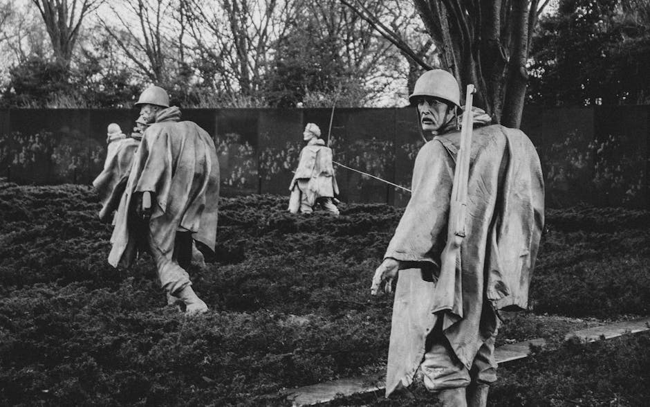 Korean War Memorial soldiers statues in solemn black-and-white scene
