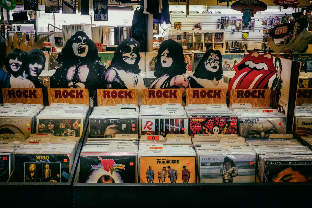 Rows of K-pop albums and vinyl displayed in a Seoul record store