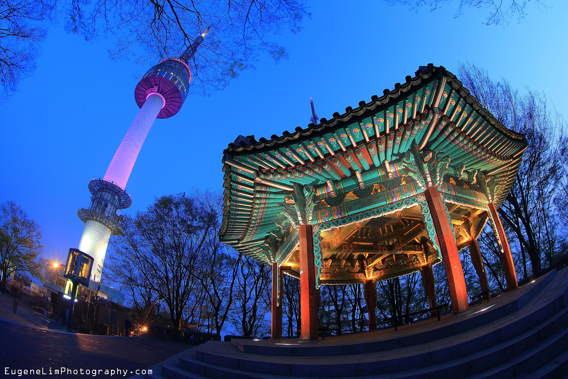 N Seoul Tower lit pink against a deep blue evening sky beside the painted Palgakjeong pavilion and bare trees