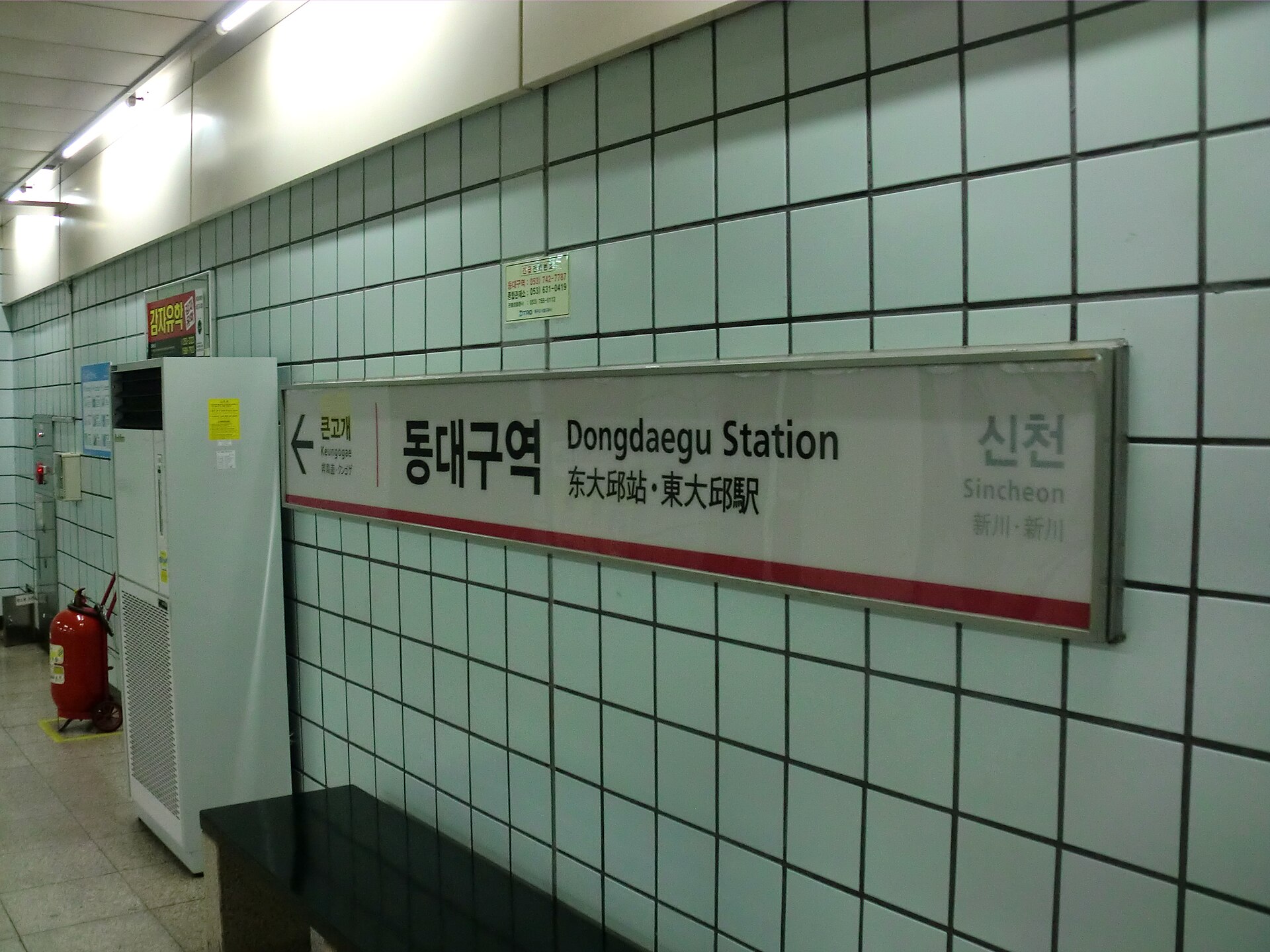 A station nameboard on a white tiled wall reading Dongdaegu Station in Korean, English, Chinese and Japanese