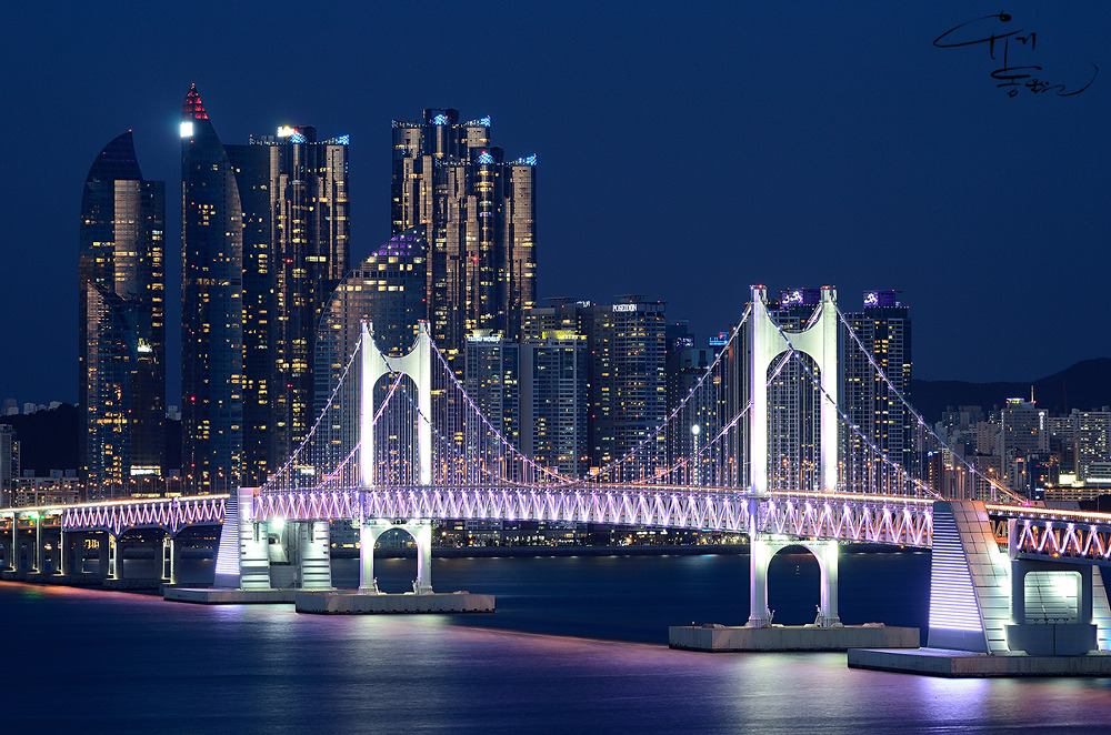A suspension bridge lit in purple and white at night in front of a cluster of illuminated skyscrapers reflected in the water