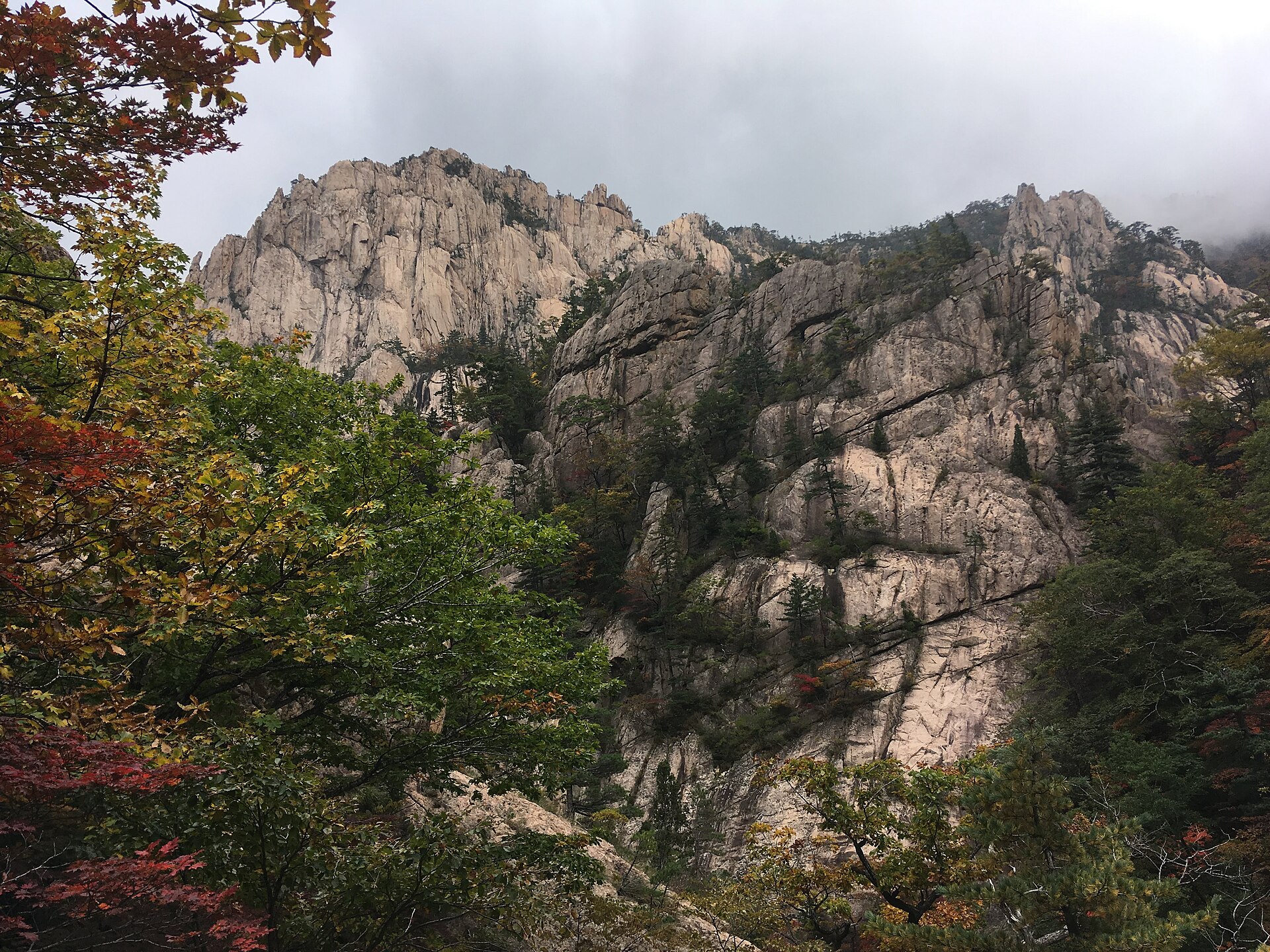Jagged grey granite cliffs rising above slopes of green, orange and red trees under a cloudy sky