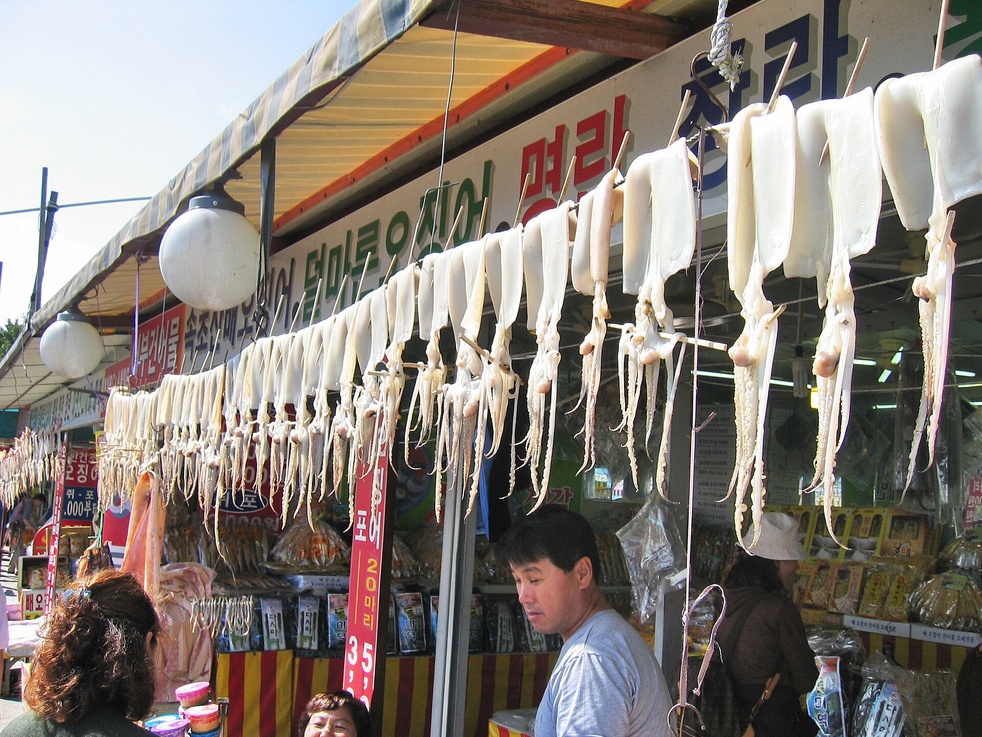 Rows of whole dried squid hanging from a line above a seafood stall, with a vendor and customers below